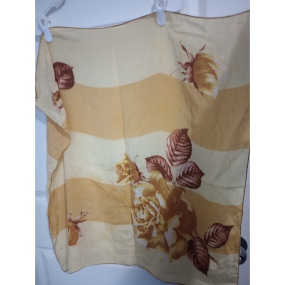 Accessories - Vintage 1970s Sheer Floral Stripe Scarf Beige Brown Roses 29" Square Chiffon